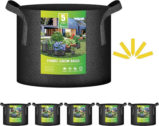 iPower 5-Pack 5 Gallon Plant Grow Bags Thickened Nonwoven Aeration Fabric Pots Heavy Duty Durable Container, Strap Handles for Garden, Black