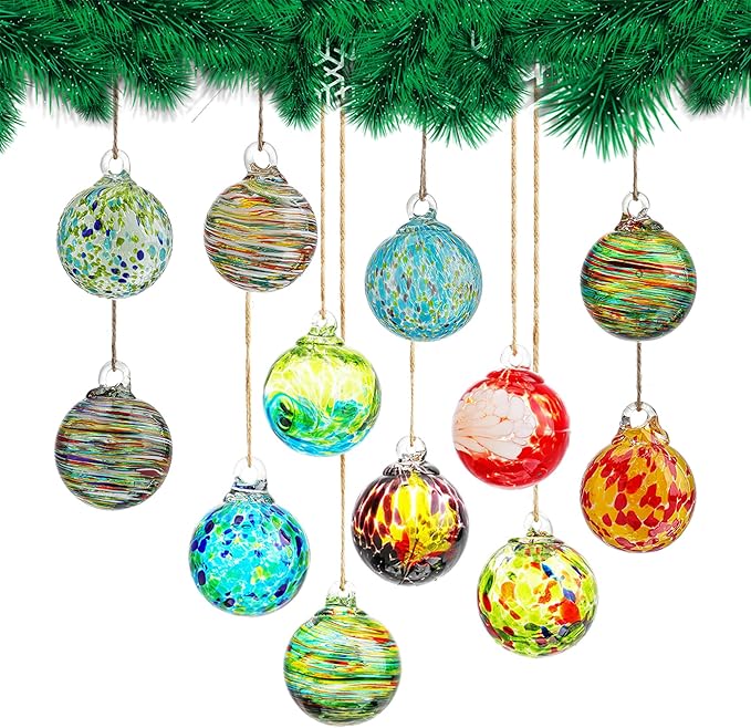 12 Pcs 2.3 Inch Christmas Ball Ornaments Hand Blown Glass Ornaments for Christmas Tree Gazing Balls Friendship Witch Balls
