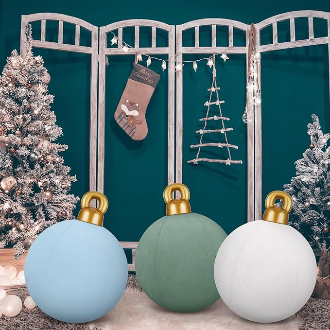 Jetec 3 Pcs 32 Inch Giant Velvet Christmas Inflatable Balls Ornament Flocked Xmas PVC Inflatable Flocked Ball Ornaments for Christmas Holiday Outdoor Blow up Yard Decor(Light Green, White, Gray Blue)