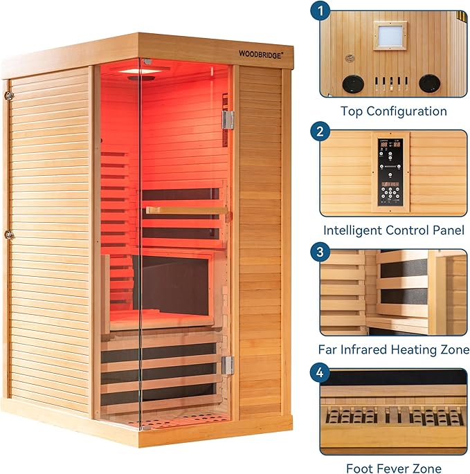 Woodbridge Infrared Home Sauna Room 1 Person Hemlock Wooden Indoor Sauna,7 Carbon 1560W/120V Heaters,with Led Color Therapy Light,Bluetooth Speaker,Tempered Glass,Touch-Tone Keypad and A Top Vent