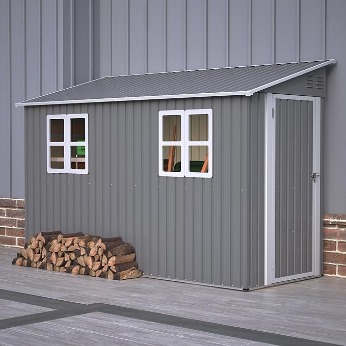 4X8 FT Outdoor Storage Shed W/ 2 Windows & Floor Frame,Lean to Shed W/Reversible Installation,Metal Garden Tool House W/Air Vents,Lockable Door & Sloped Roof,for Backyard Patio Lawn,Gray