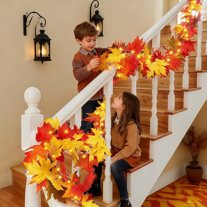 Fall Decorations for Home Large Maple Leaves 2 Pack 9FT Plug in Fall Lights with 50 Orange Bulb UL Certified Connectable Fall Decor Garland for Indoor Outdoor Aumtum Halloween Thanksgiving Decoration