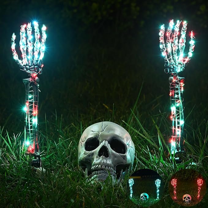 Halloween Lighted Skeleton Set, Skeleton Head & Arm Stakes with 2 Green 3 m LED Lights & 2 Red 3 m LED Lights (3 Lighting Modes), Realistic Halloween Decor for Outdoor Garden Yard Graveyard