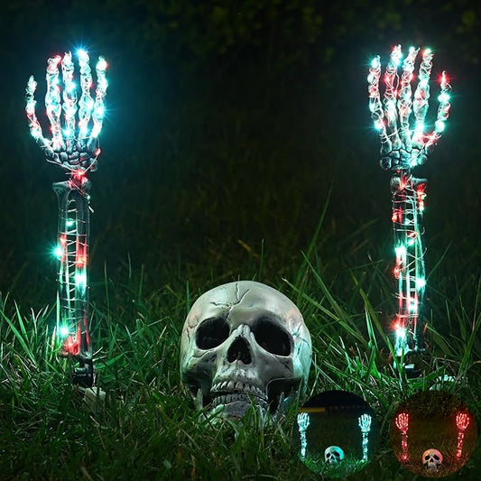 Halloween Lighted Skeleton Set, Skeleton Head & Arm Stakes with 2 Green 3 m LED Lights & 2 Red 3 m LED Lights (3 Lighting Modes), Realistic Halloween Decor for Outdoor Garden Yard Graveyard