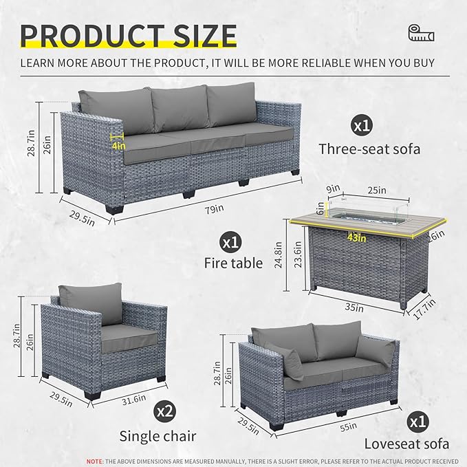 5 Piece Wicker Patio Furniture Sets Outdoor Conversation Set, PE Rattan Sectional Sofa Couch with 45" Fire Pit Table and Non-Slip Grey Cushions, Furniture Covers Included