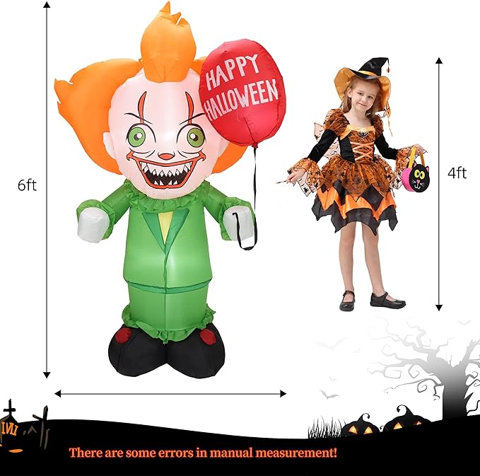 DearSun 6FT H Halloween Inflatable Clown with Build-in LED Lights Blow up Halloween Inflatable Outdoor Indoor Decoration Large Party Yard Decoration