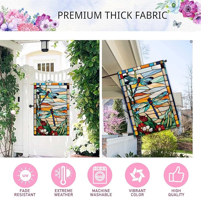 Spring Summer Dragonfly Garden Flag Glass Style Flowers Garden Flag Vertical Double Sided Rustic Farmland Burlap Yard Lawn Outdoor Decor 28x40"
