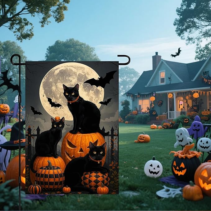 IVN Happy Halloween Garden Flag 12x18 Inch Double Sided Black Cat Pumpkin Bat Full Moon Gothic Graveyard Outdoor Yard Flag for Outside Front Door Lawn Porch Patio Welcome Decor