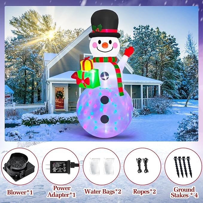 Danxilu 8 FT Christmas Inflatable Snowman Outdoor Decoration, Built-in Colorful LED Lights Xmas Inflatable Snow Man with Gift Box Blow Ups Yard Decoration for Outside Garden Lawn Holiday Party Decor