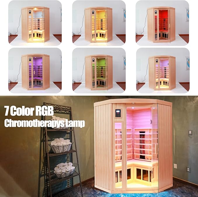 2-3 Person Infrared Saunas for Home, Low EMF Ceramic Infrared Sauna, Indoor Home Sauna Spa, Hemlock Wooden Corner Suana Room, Bluetooth Speakers, Chromotherapy Lights