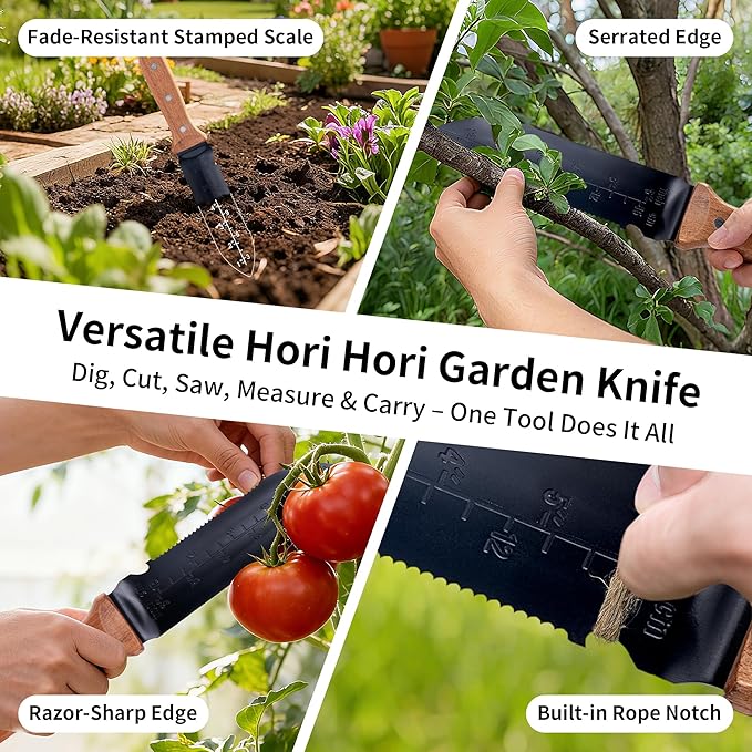 YANG Hori Hori Garden Knife, 7" Stainless Steel Gardening Knife with Oxford Cloth Sheath, Full Tang Beechwood Handle EDC Garden Tool for Digging, Planting & Weeding, Pointed Tip for Hard Soil