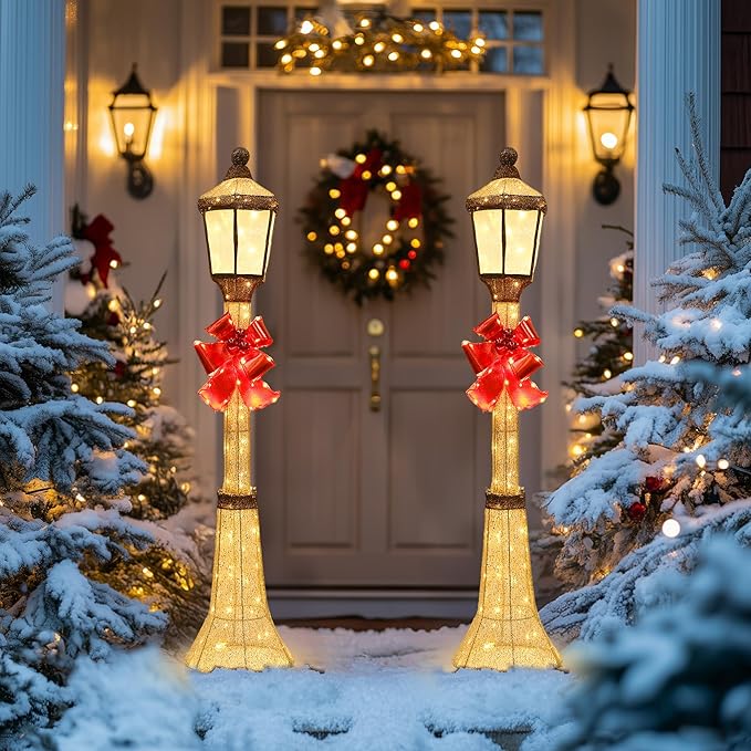 60Inch Outdoor Christmas Decorations Outdoor Lighted Lamp Post 3D Lamppost LED Lighted Display with 128 LED Lights&Bow, Holiday Decorations for Yard, Porch, Patio (2-Pack)