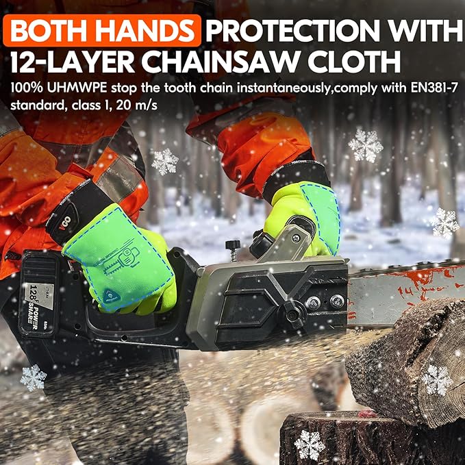 Vgo... 1Pair Chainsaw Winter Gloves,12-Layer Chainsaw Protection on Both Hands Back,Safety Cow Leather Work Gloves,Mechanic Gloves(Size M,Hi-Viz Green,CA9760FLWP)