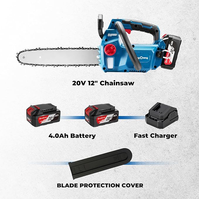 Dong Cheng 12 Inch Brushless Cordless Chainsaw, 20V Battery Powered with 2×4000mAh Batteries, 12m/s Chain Speed, Tool-Free Tensioning, Auto Oiler & Chain Brake, Ideal for Wood Cutting & Tree Trimming