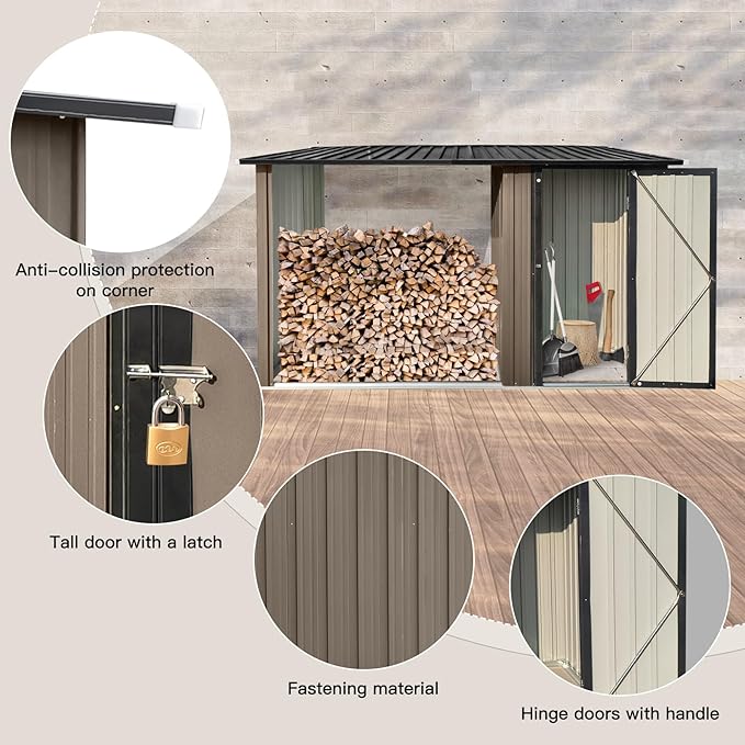 Firewood Rack Outdoor Metal Storage Shed,Two-in-one Function with Sloped Roof and Open Woodshed Design,Tall Door w/a Latch,Waterproof Building Organizer,for Motorcycle,Bicycles,Black+Brown