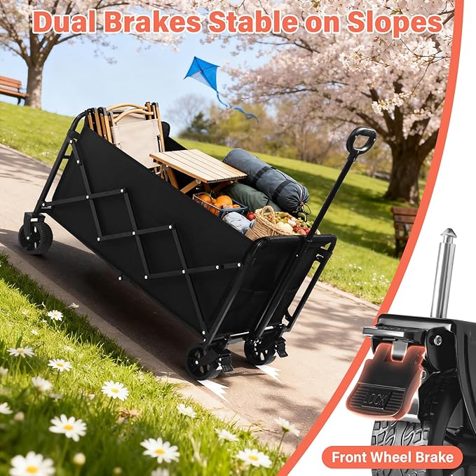 Collapsible Wagon Cart Foldable - Extra Large 500 lbs Capacity Portable Folding Beach Wagon with Wheels - Heavy Duty Utility Cart for Groceries, Shopping, Camping, Sports, Garden - Black