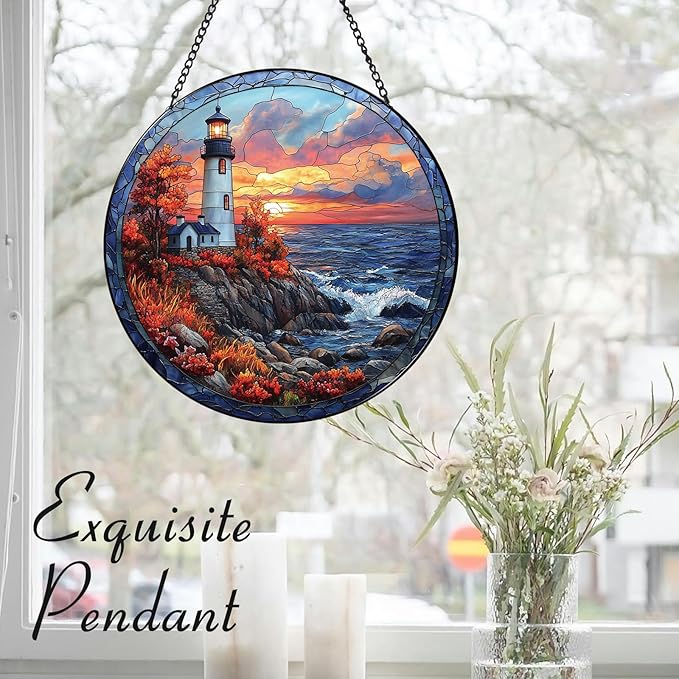 Coastal Lighthouse in Autumn Suncatcher -7.9 in Stained Glass Window Hanging Sun Catcher Garden Decor