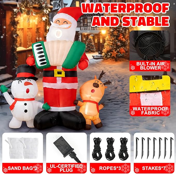 8ft Christmas Inflatable Outdoor Decorations, Blow up Yard Decor with Santa Claus Plays The Accordion and Sings with The Snowman and The Elk, Bright LED Lights Christmas Outdoor Decorations