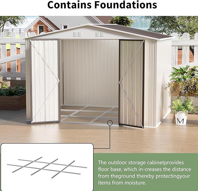 Outdoor Sheds 10FT x 8FT Outdoor Storage Metal Anti-Corrosion Utility Tool House with Lockable Door & Shutter Vents Outdoor Waterproof Garden Tool Storage Sheds with Metal Foundation