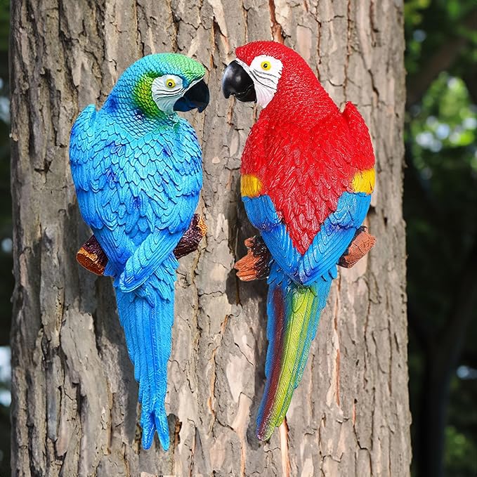 Teaeeno 2Pcs Resin Wall Bird Statue Decor,Real Parrot Sculpture Home Decor,Outdoor Indoor Figurine Ornaments-Garden Tree Sculpture,Resin Animal Statue for Garden, Terrace, Lawn, Yard