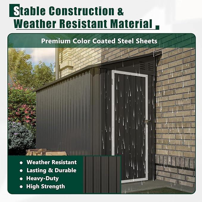 4×8 FT Lean to Metal Shed,Outdoor Heavy-Duty Storage Shed with Floor Base,All Weather Waterproof Garden Tool House W/Lockable Door&2 Air Vent,Reversible Door Design,for Backyard,Patio,Lawn,Black