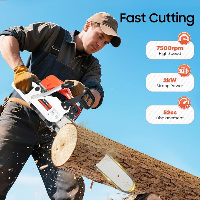 20 Inch Gas Chainsaw 52CC 2KW Petrol Chainsaws 2-Stroke Engine Chainsaw Chain Saw Set for Cutting Wood Outdoor Home Farm (Red)