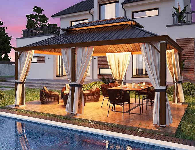 YOLENY 12' x 18' Hardtop Gazebo, Wood Grain Aluminum Frame Outdoor Gazebo with Galvanized Steel Roof, Permanent Metal Pavilion with Curtains and Nettings for Patio, Backyard, Deck and Lawns