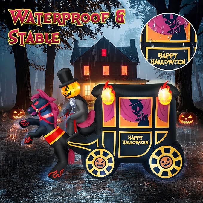 10FT Long Halloween Inflatables Built-in LED Light Pumpkin-Headed Horse Carriage, Giant Halloween Decorations Outdoor Blow Up Yard Decorations Spooky Ghost Carriage Halloween Blowups for Lawn Party