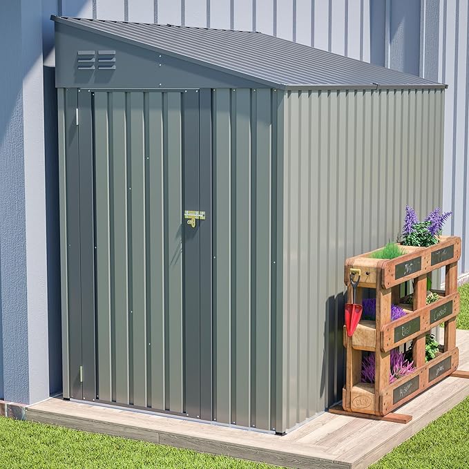 4×8 FT Outdoor Metal Storage Shed,Heavy-Duty Lean to Storage Shed with Lockable Door and Reinforced Beams,All Weather Waterproof Storage House W/2 Air Vents,for Backyard,Patio,Lawn,Gray
