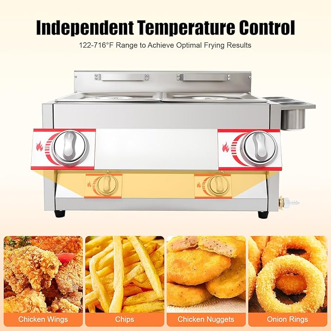 Stainless Steel Low Pressure Gas Deep Fryer with Frying Baskets and Lid, 12.7QT/12L Capacity Countertop Deep Fryer Oil Frying Pot Kitchen Frying Machine Table Snack Fryer Double Cylinder Gas Fryer