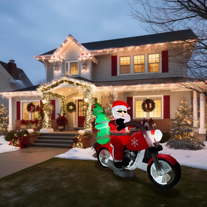 Fraser Hill Farm 7-Ft. Wide Santa on Motorcycle Blow Up Inflatable with Lights, Outdoor Christmas Inflatable Decoration for Lawn and Yard, Giant Festive Holiday Decor