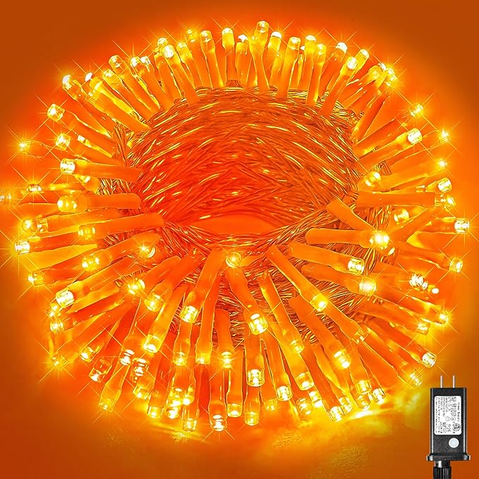 Vivideal 200 LED Orange Halloween Lights Outdoor Waterproof 66ft Halloween String Lights Indoor 8 Modes Clear Wire, Plug in Orange String Light for Xmars Tree Bedroom Thanksgiving Decorations