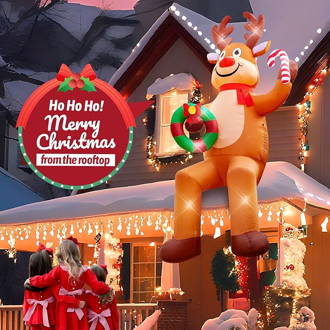 12FT Christmas inflatables, Christmas Inflatable Outdoor Decoration Sitting Reindeer with Built-in Led Lights, Christma Blow Ups Outdoor Roof Yard Lawn Xmas Decor
