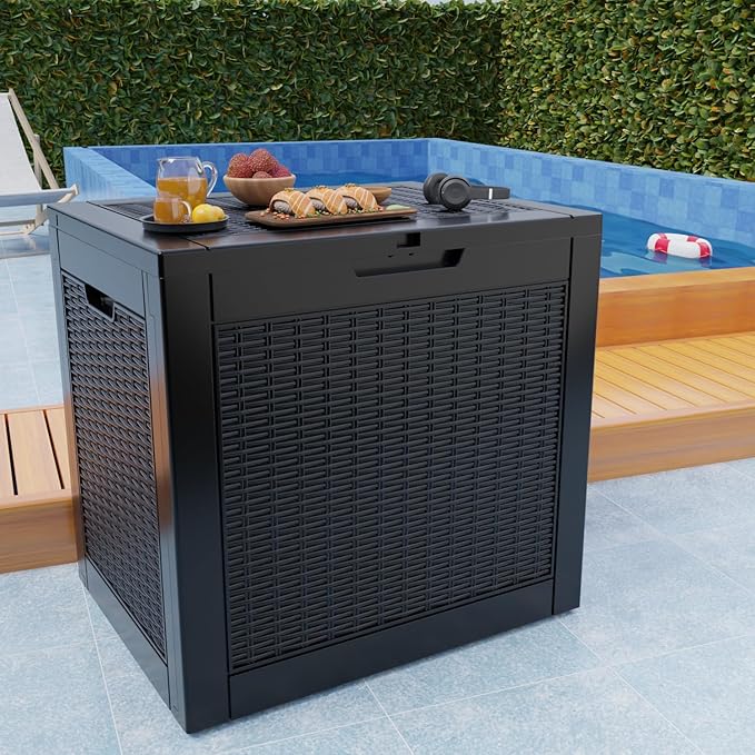 EasyUp 32 Gallon Resin Deck Box Waterproof, UV Resistant Outdoor Storage Box for Delivery, Garden, Patio,and Porch, Rattan Black