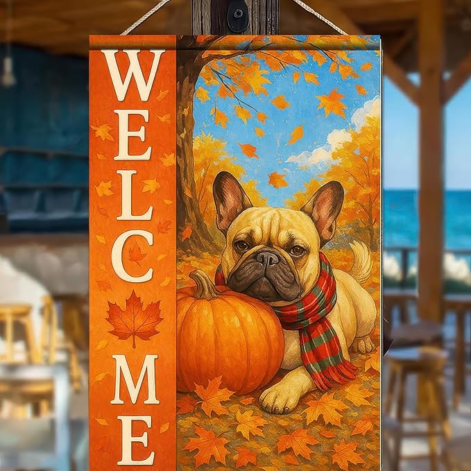 Thanksgiving Fall Garden Flag 12x18 Inch Welcome French Bulldog Dog Outdoor Flag Double Sided Autumn Yard Banner with Pumpkin Plaid Scarf Decor for Porch Lawn Patio