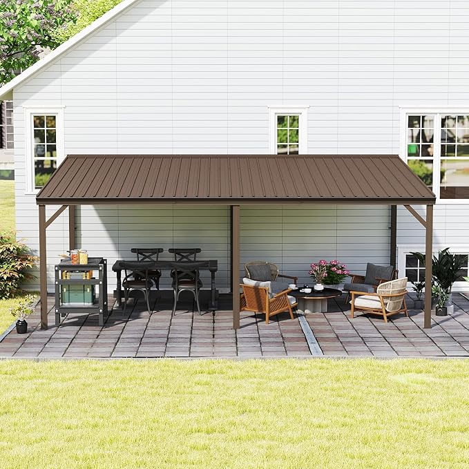 Domi 12’x20’ Wall-Mounted Hardtop Gazebo Pergola – Permanent Lean-to Outdoor Shelter with Sloped Galvanized Steel Roof & Upgraded Drainage – Gray Metal Patio Cover for Backyard, Deck, Garden, Brown