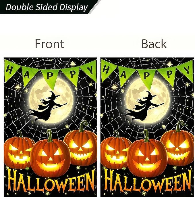 Garden Flags 12x18 Inch Halloween Garden Flag Outdoor Fall Decorations Vertical Double-Sided Witch Pumpkin Moon Banner Yard Sign for Porch Lawn Home Party Garden Decor