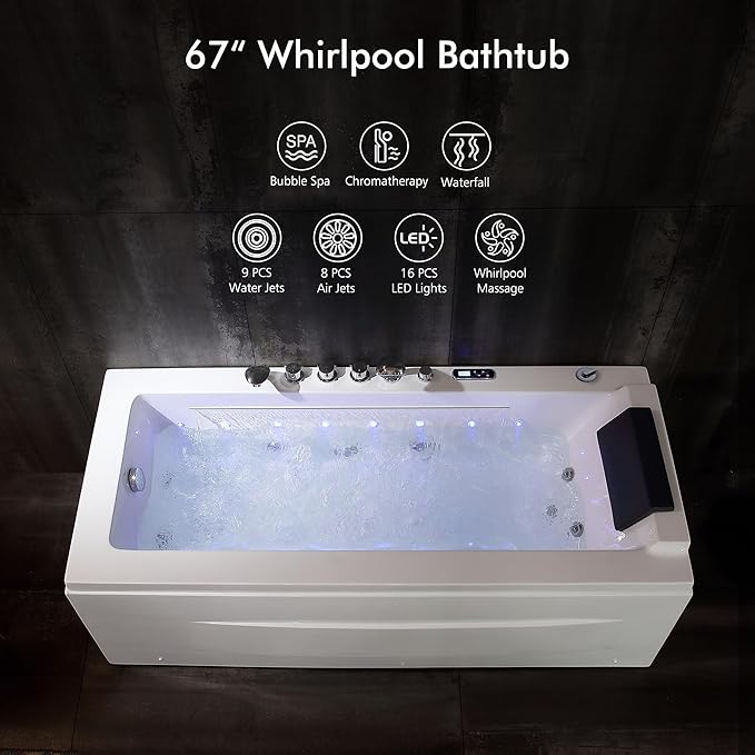 67 in Whirlpool Bathtub,Empava Jetted Tub with Heater,Hydro Massage Bathtub with 9 Water Jets+8 Air Jets,SPA Bathtub with Waterfall,Whirlpool Tub with Light,LED Control Panel