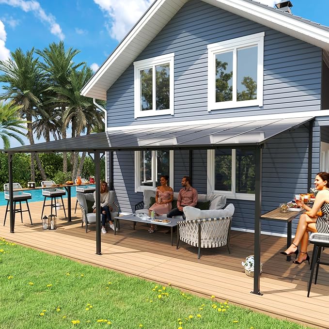 MEISSALIVVE 12' x 20' Wall Mounted Gazebo, Outdoor BBQ Grill Gazebo with Side Shelf, Lean to Metal Awnings with Sloped Roof, Heavy Duty Pergola for Backyard, Deck, Black