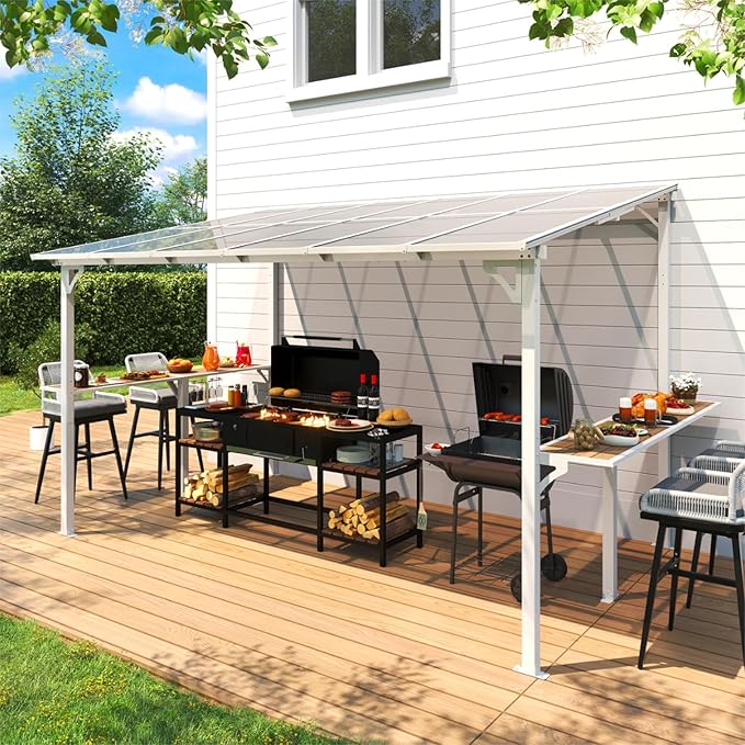 MEISSALIVVE 8' x 12' Wall Mounted Gazebo, Outdoor BBQ Grill Gazebo with Side Shelf, Lean to Metal Awnings with Sloped Roof, Heavy Duty Pergola for Backyard, Deck, White