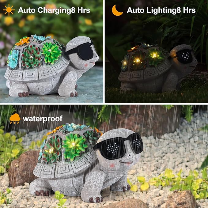 Solar Garden Statues Turtle with Succulent and LED Lights Birthday Gifts for Women Mom Grandma Solar Outdoor Decor for Patio Backyard Yard Lawn Decoration-Unique Housewarming Gifts