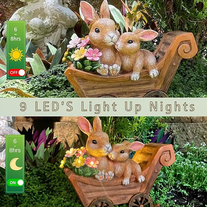PRETMANNS Solar Rabbit Garden Statue - Mother & Baby Bunny Outdoor Decor with LED Lights for Patio, Yard Ornament & Gifts for Women & Mom - Medium