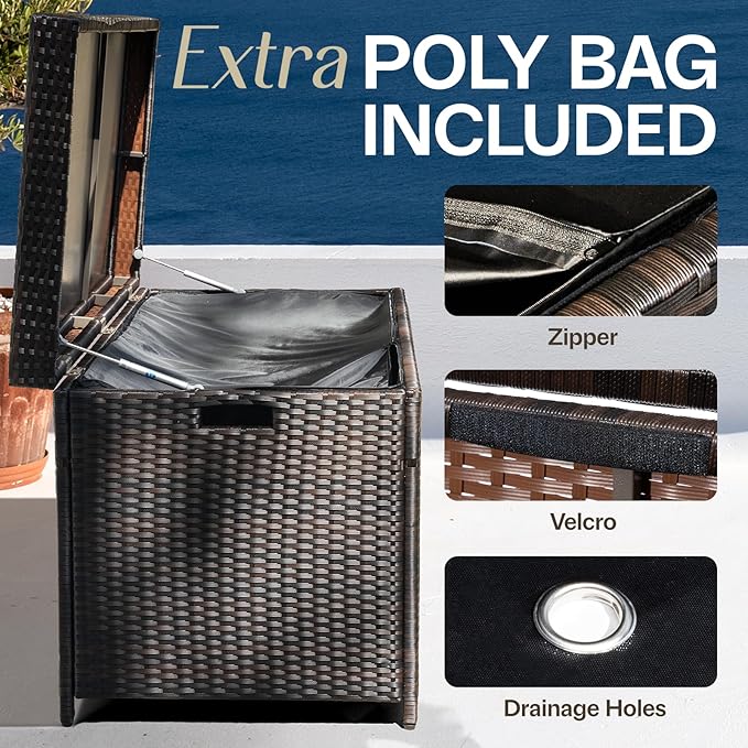 IDZO 136 Gallon Outdoor Wicker Storage Box, UV Weather & Water Resistant, Soft-Close Hinge, Poly Bag Included, Patio Cushion Storage - Brown