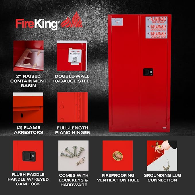 FireKing Red Flammable Safety Cabinet, Combustible Liquids Flammable Storage Cabinet, 60 Gallon Steel Safety Cabinets with Manual Door for Commercial, Industrial & Home Use, 34" x 34" x 65"