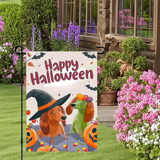 Halloween Dachshund Dog Garden Flag 12x18 Inch Funny Witch Hat Pumpkin Candy Outdoor Yard Banner Fall Porch Decoration for Spooky Holiday Season