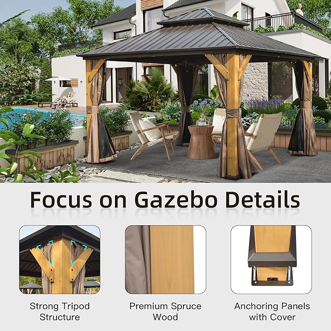 Domi Hardtop Gazebo 12’x12’ Cedar Frame Wood Gazebo with Galvanized Steel Double Roof, Outdoor Permanent Metal Gazebo with Curtains and Netting for Patio,Deck,Backyard
