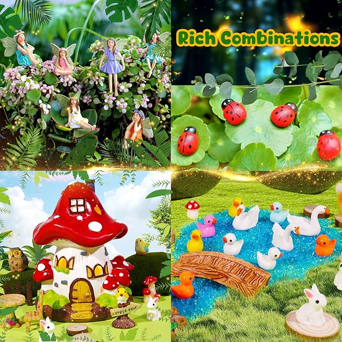 56 Pcs Fairy House Garden Kit Miniatures Fairy Garden Accessories Mini Resin Figurines Animals Decor Mushroom House Outdoor Ornaments for DIY Micro Landscape Ornament