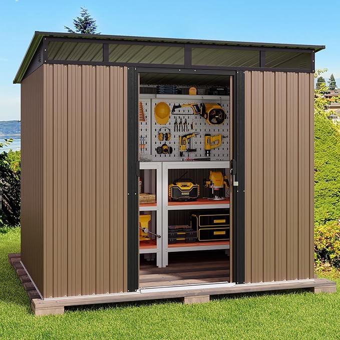 Gizoon 7.4'x5.3' Outdoor Storage Shed Metal Garden Shed with Sliding Lockable Doors, Versatile Tool Bike Shed with Transparent Panel Windows, Outdoor Storage Clearance for Backyard, Patio, Light Brown