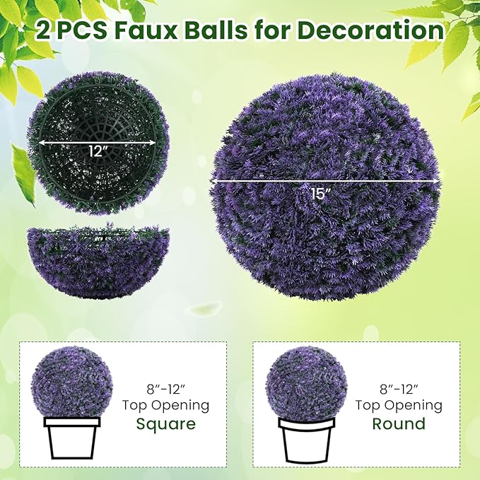Goplus 2 PCS 15 Inch Artificial Plant Topiary Ball, Round Faux Lavender Balls Outdoor, Garden Spheres Decorative for Front Door, Porch, Backyard, Balcony, Patio, Wedding and Home Décor