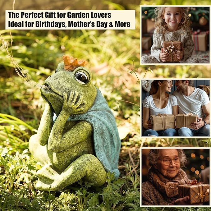 Solar Garden Decor Frog Prince Statue Outdoor, Birthday Gifts for Women Mom Grandma Senior Elder, Frog Ornament for Balcony, Garden, Patio, Yard, Lawn